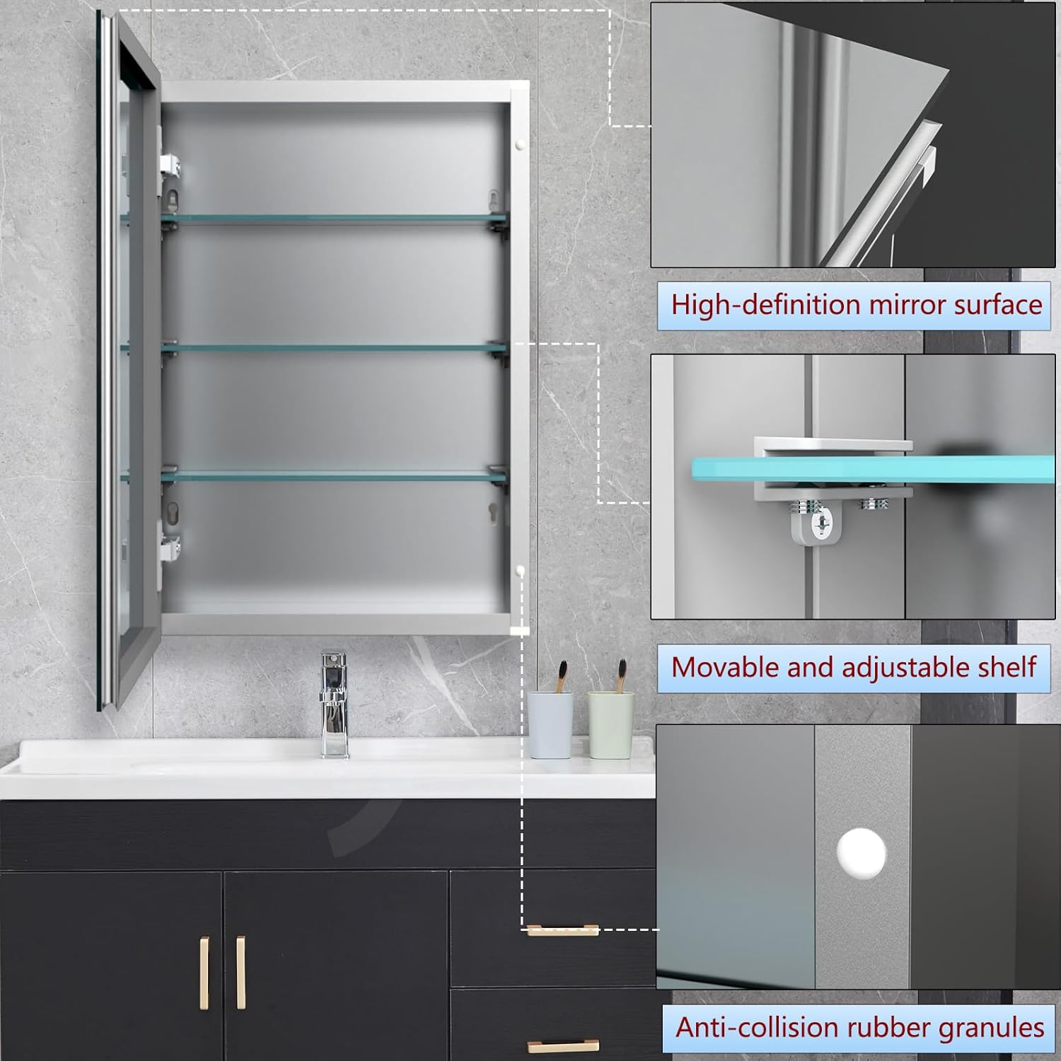 Bathroom Medicine Cabinet, 20x26 inch Mirror Cabinet of Aluminum, Assembly Needed, Surface Mount or Recessed, Medicine Cabinet with Mirror, Adjustable Glass Shelves, Waterproof for Bathroom