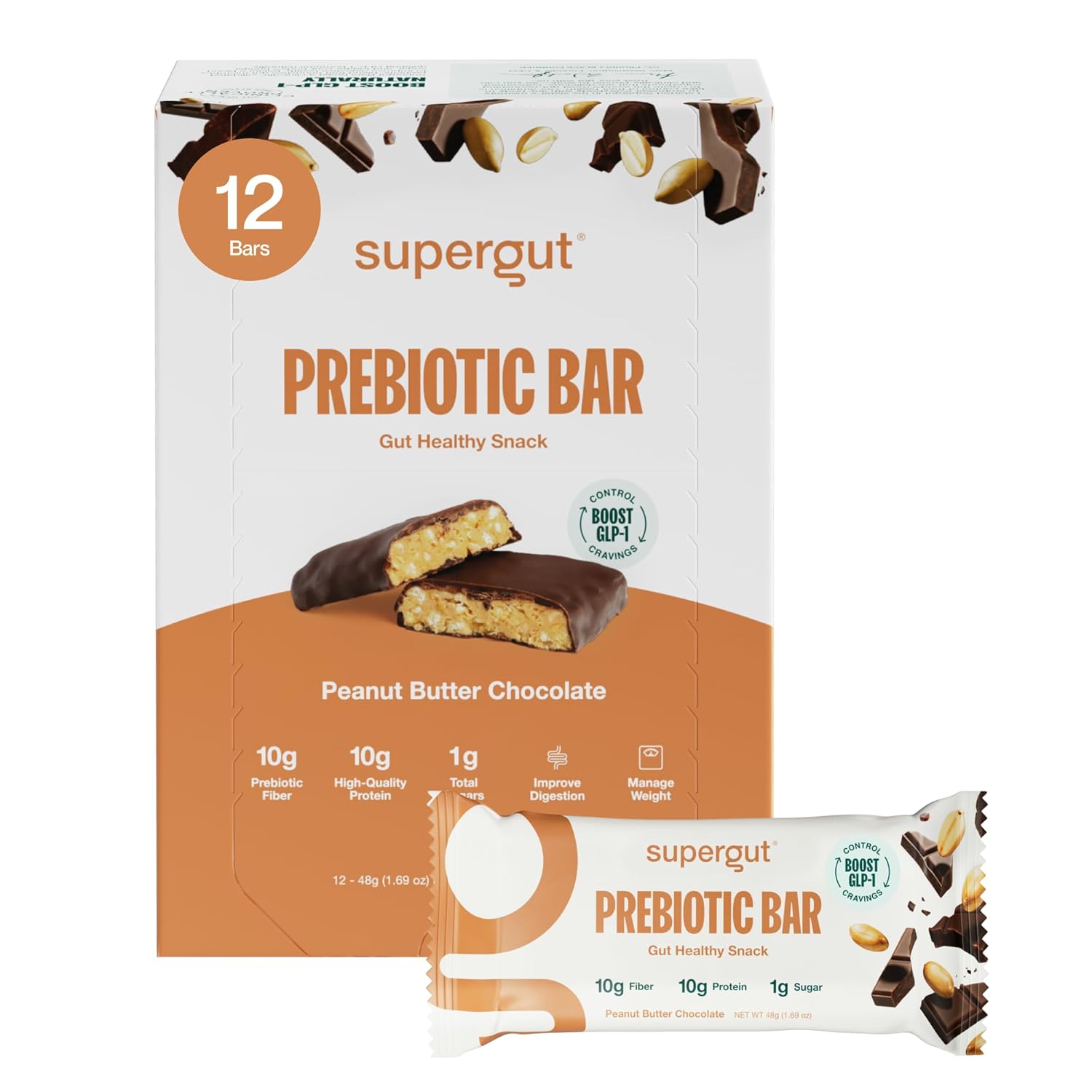 Supergut GLP-1 Boosting Prebiotic Bars, Peanut Butter Chocolate - Gut Healthy Protein Snacks & Breakfast Bars - Keto-Friendly Meal Replacement Energy Bars for Gut Health (12 Count)