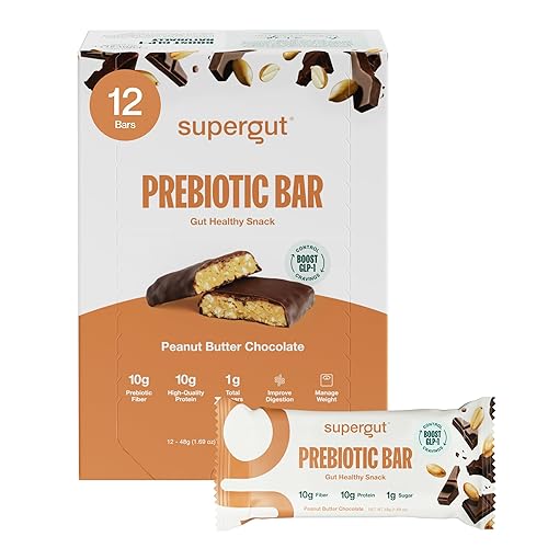 Barras prebióticas Supergut que aumentan GLP-1, chocolate y mantequilla de cacahuete - Snacks proteicos y barras de desayuno saludables para el
