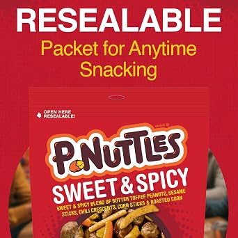 P-Nuttles Sweet & Spicy Snack Mix, 14oz Resealable Bag (Pack of 1) - Butter Toffee Covered Peanuts w/ Sesame Sticks, Chili Crescents, Corn Sticks & Roasted Corn - Kosher Certified Sweet & Spicy Snacks