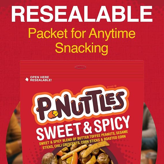 P-Nuttles Sweet & Spicy Snack Mix, 14oz Resealable Bag (Pack of 1) - Butter Toffee Covered Peanuts w/ Sesame Sticks, Chili Crescents, Corn Sticks & Roasted Corn - Kosher Certified Sweet & Spicy Snacks