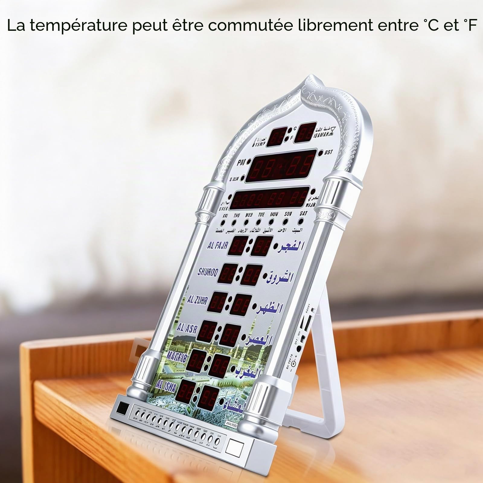 Fyearfly Musulmane Azan Horloge de Prière, Horloge de Prière Islamique Automatique LCD, Maison/Bureau/Mosquée, Horloge Décorative Digitale Murale/Bureau (Télécommande + Prise EU)