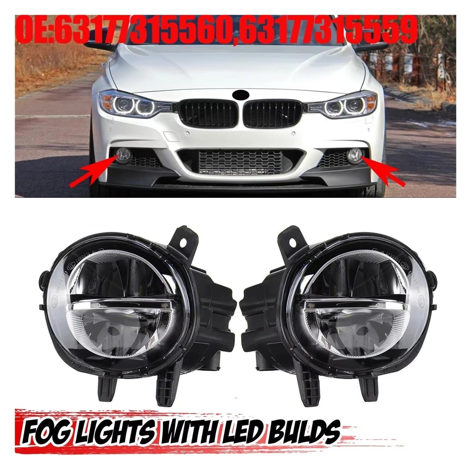 Phare Antibrouillard LED Pour BMW Série 1 F20, 2 F22, 3 F30, 4 F32 - Modèles LCI (Noir, Remplacement Direct) - 1 Côté Droit - 13