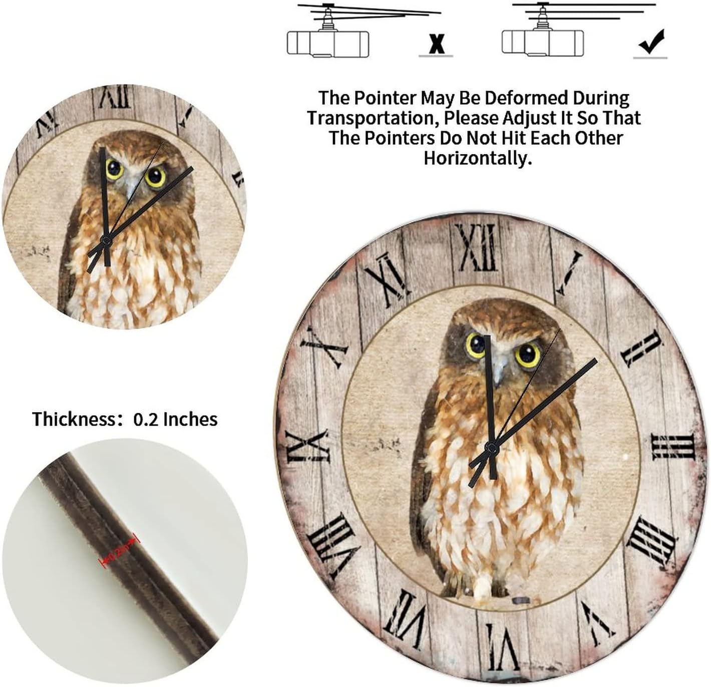 Hanging Clock 10in Owl Standing on Branch Wooden Wall Clock Vintage Wood Grain Country Style Silent Quartz Battery Operated Home Accessories for Mantel Half Bath School Terrace