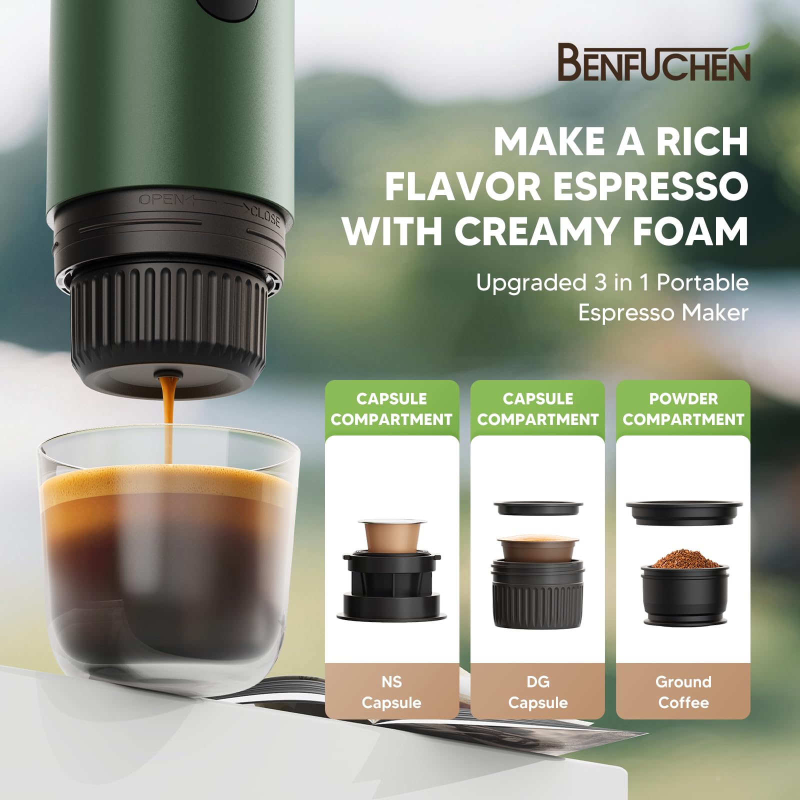 Machine à expresso portable 3 en 1 à 19 bars avec chauffage automatique, compatible avec les capsules NS et DG ainsi que le café moulu pour le camping, la randonnée, les voyages et la maison
