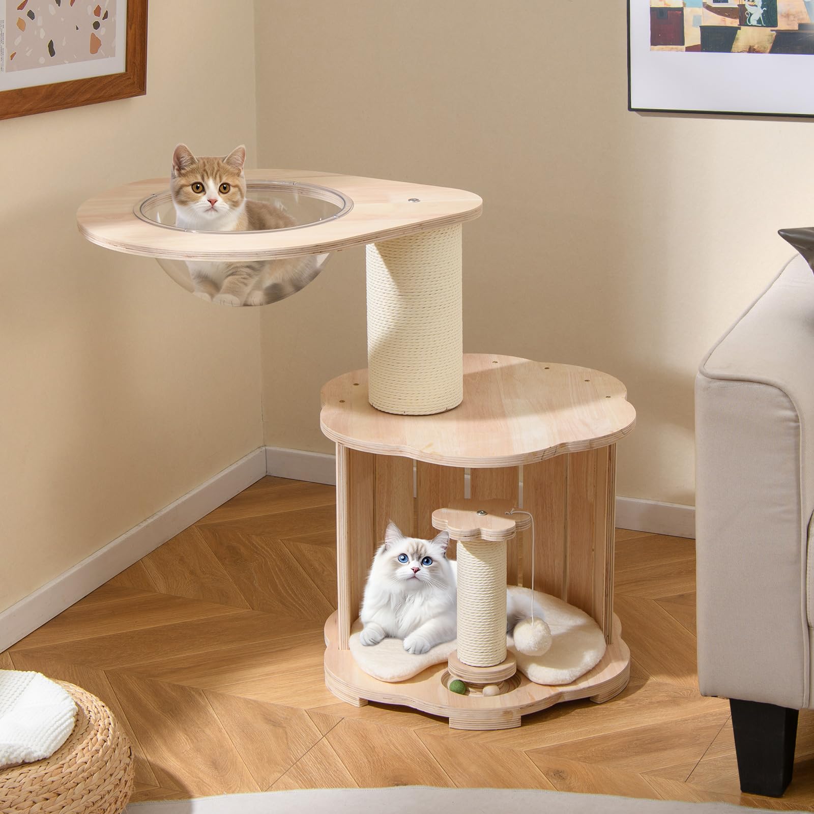 COSTWAY Albero per Gatti Alto 74 cm, Tiragraffi per Gatti in Legno con Condo, Capsula Spaziale, Tiragraffi, Gioco Interattivo con Pista per Palline in Legno, Pallina Appesa e Tappetino Lavabile