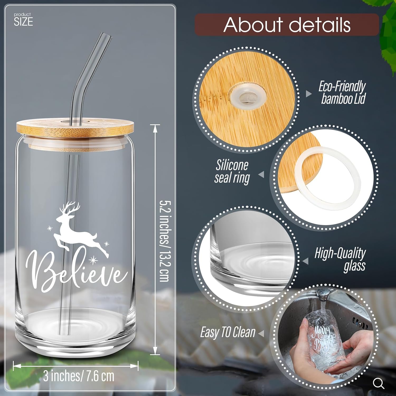 Layhit 11 Pcs Christmas Glass Cups with Lids and Straws 16oz Christmas Mug Bulk Mason Jar Drinking Glasses Xmas Holiday Drinkware Gift Coffee Cup Thank You Gifts for Employee Team Coworkers Office