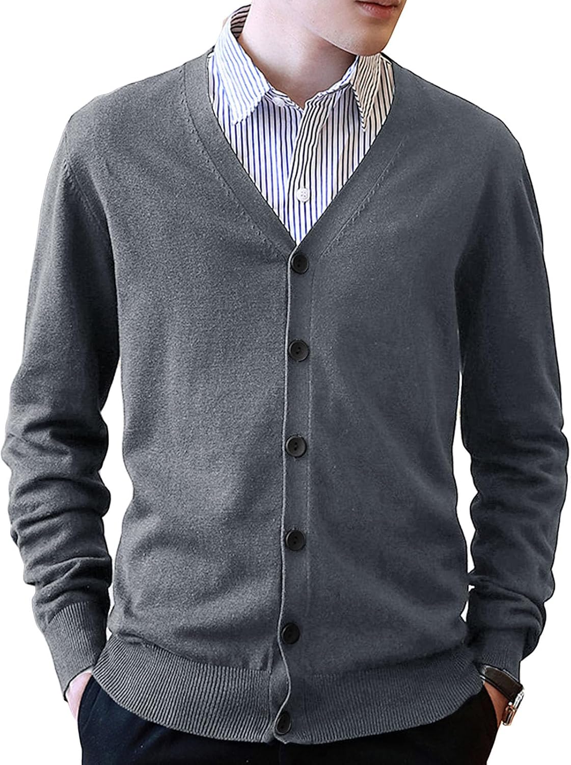 Men's V Neck Rib Knit Cardigan Casual Vintage Button Front Long Sleeve Sweater Winter Lightweight Cardigan