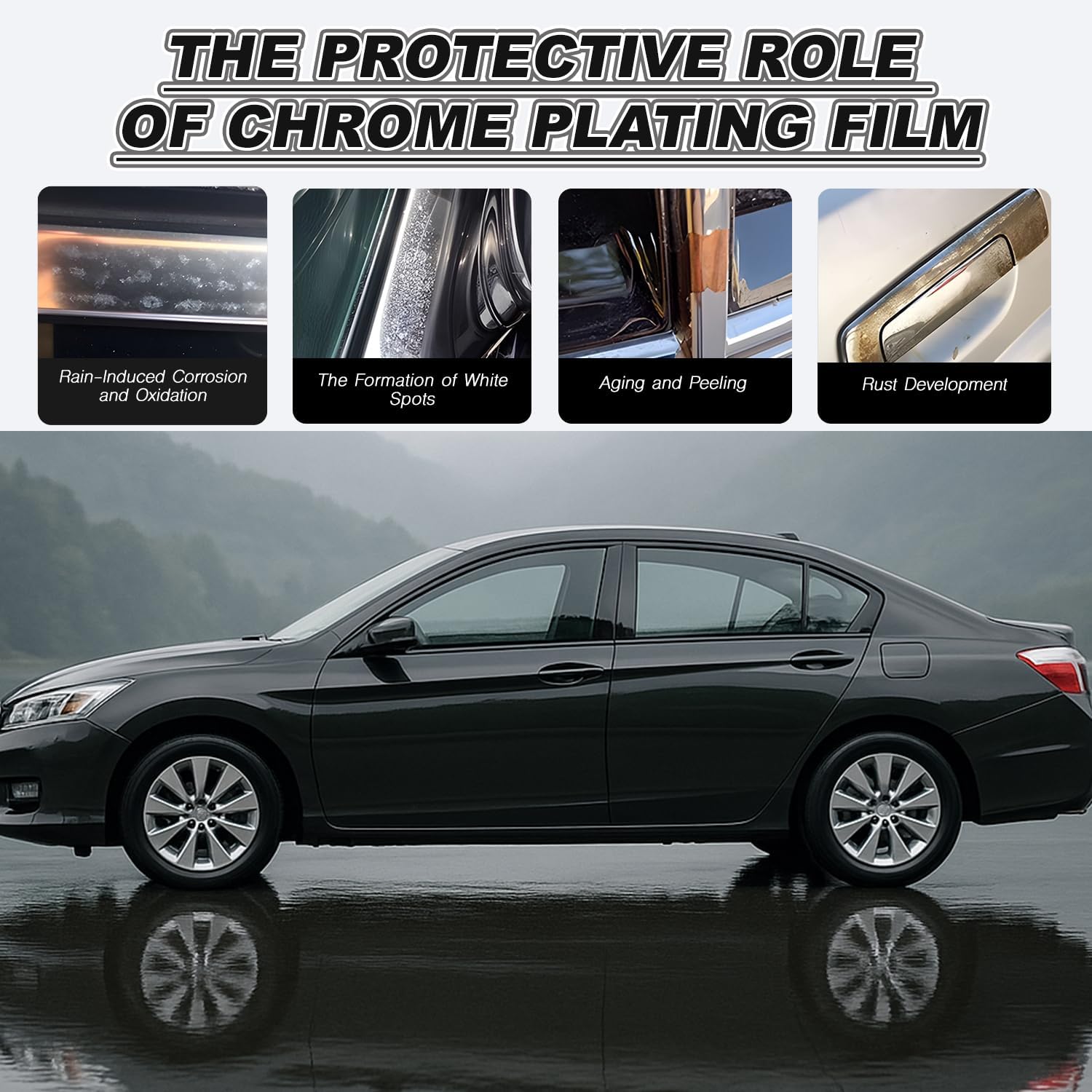Side Window Chrome Delete Vinyl Wrap Overlay fit for 2013 2014 2015 2016 2017 Honda Accord Sedan Accessories with Blackout Film Gloss Black Kits
