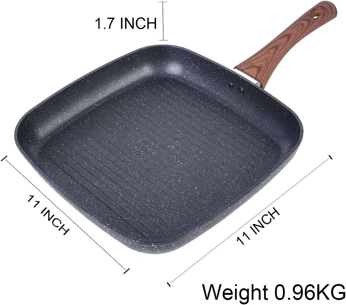 Nonstick 11" Square Grill Pan for Steak, Granite Coating for Gas Induction All Stovetops Compatible (11 X 11 X 1.7 inch)