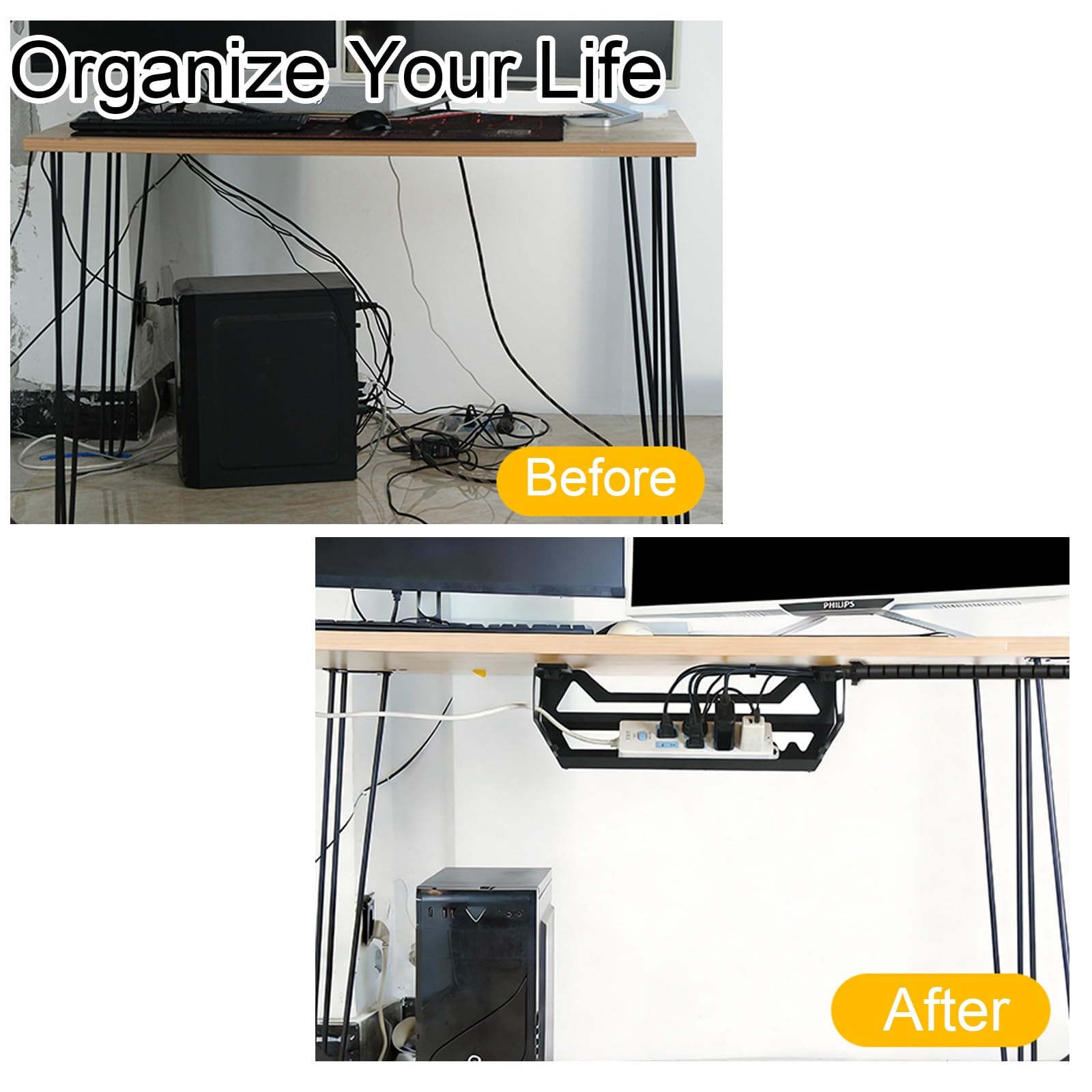 Bandeja Cable Management Bajo Escritorio 45cm, Organizador Cables de Acero Canaleta para Escritorio Oficina y Gaming