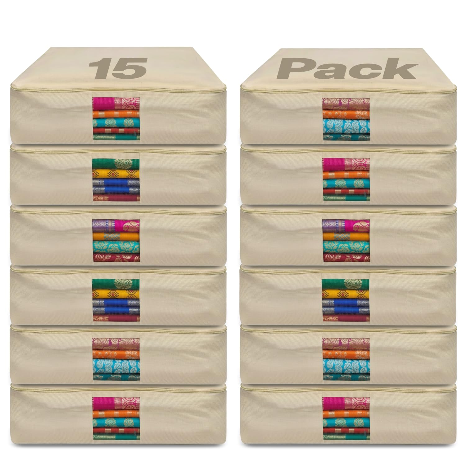 JD Fresh 15 Pcs Cotton Clothes Storage Box/Covers/Bags With Zip As Wardrobe Organizer For Huge Silk Saree/Big Lehenga/Dresses/Shirts/Trousers/Gown/Quilts (18 X 16 x 4.5 Inch/Brown)