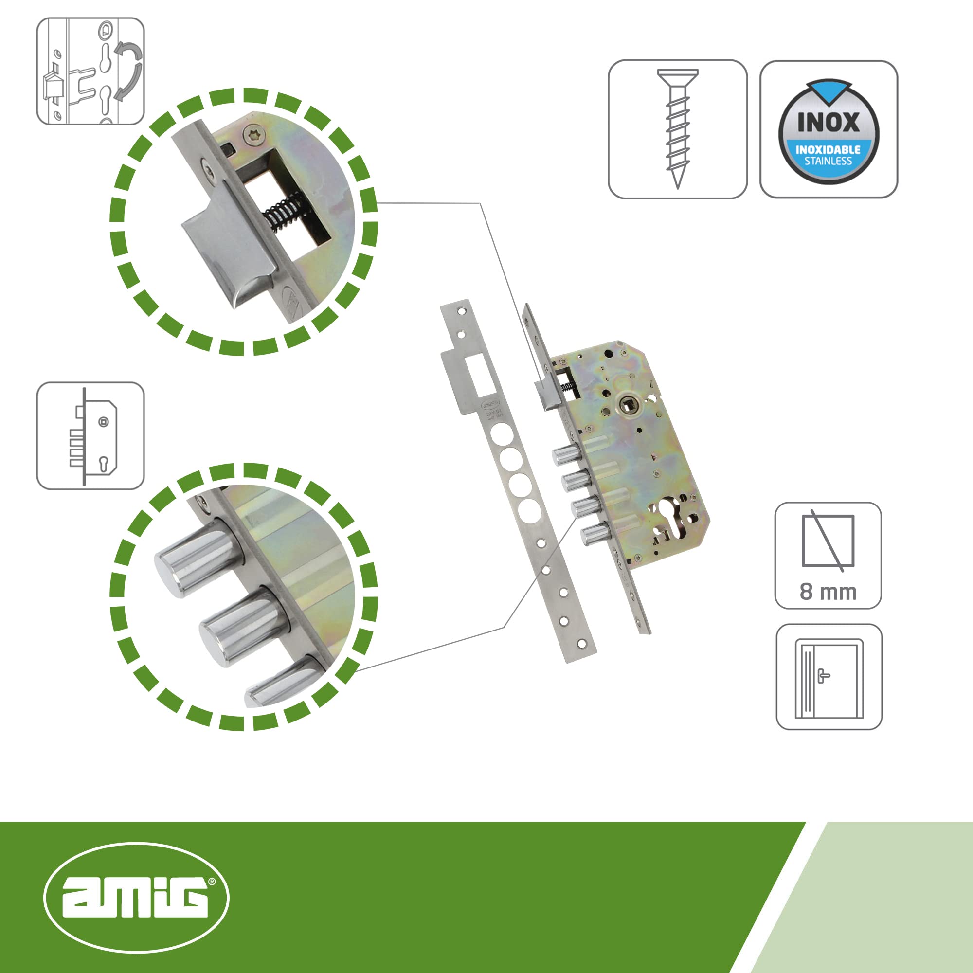 Amig - Serratura da incasso con buloni per porte in legno mod. 100 BASE | 50/85 mm | Senza cilindro e scudo di sicurezza | Maniglia reversibile | acciaio inossidabile 18/8
