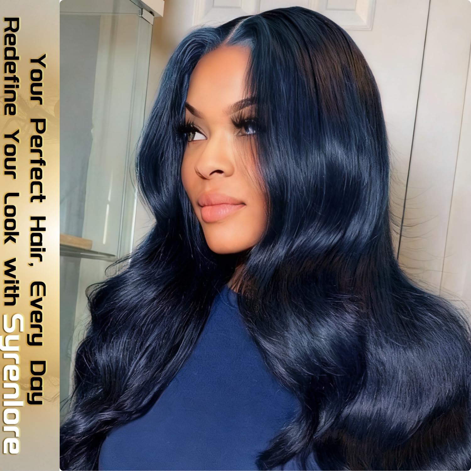 Dark Blue Body Wave Bundles with 4x4 HD Transparent Lace Closure, 12A 100% Brazilian Virgin Hair Extensions Soft Glossy Thick, Perfect for Quick Weave Sew In Styles 12 14 16 Inch + 12 Inch