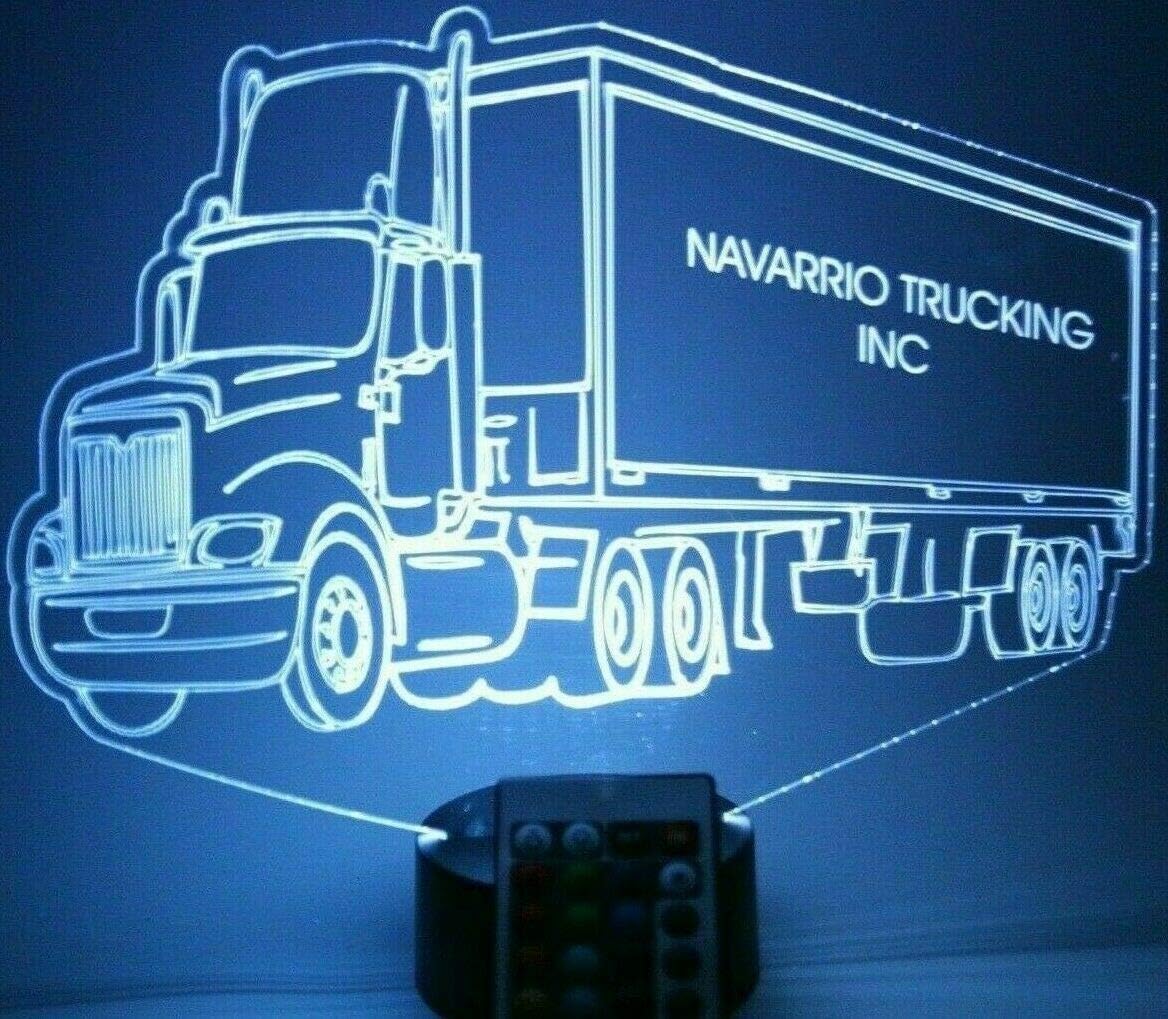 Tractor Trailer Light Up Lamp LED Personalized Night Light Engraved Trucking Big Rig Trucker 18 Wheeler Truck Table Lamp, 16 Color Changing Options With Remote, Free Engraved Gift, Made in USA!