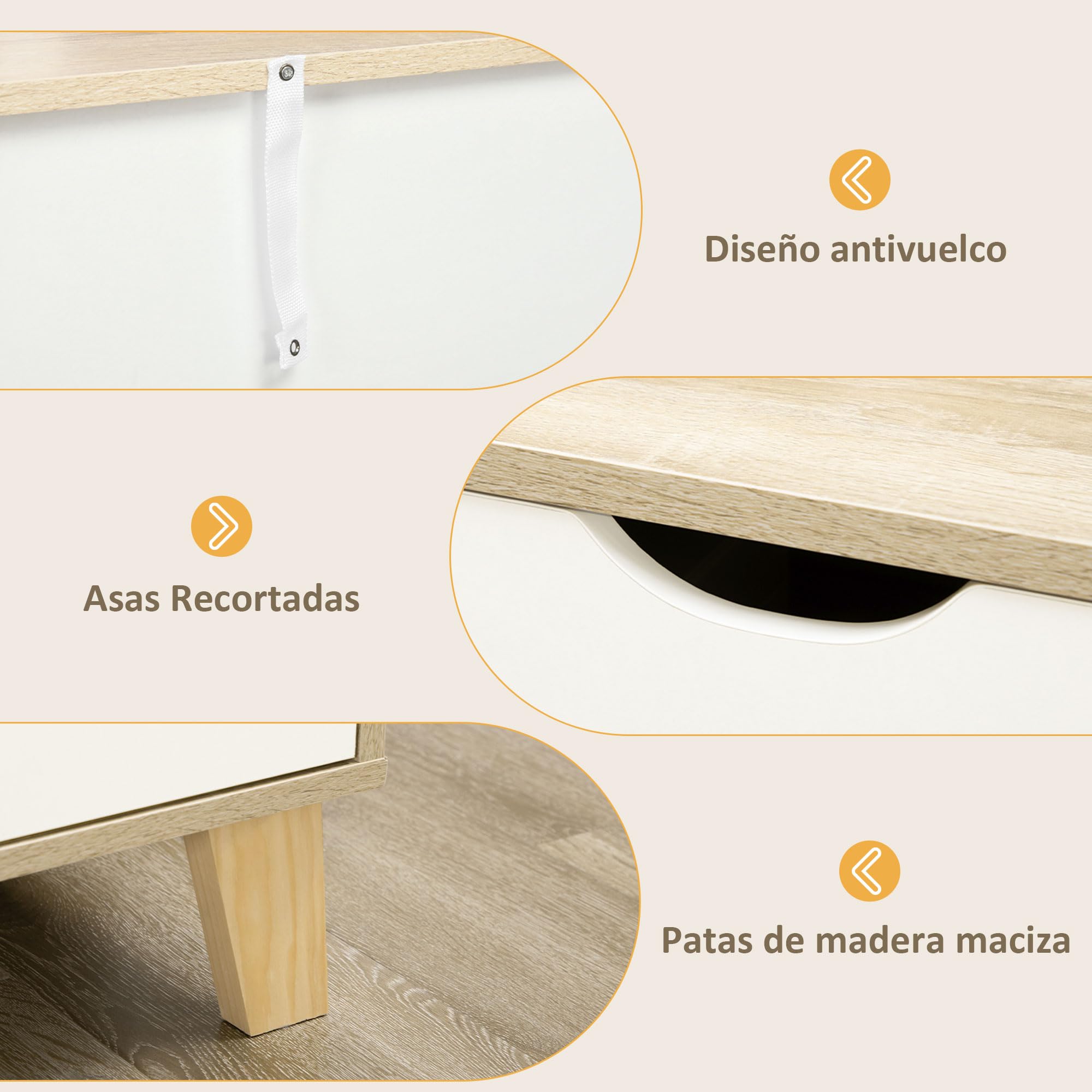 HOMCOM Cómoda con 6 Cajones Cajonera de Armario Mueble Organizador con Cajones para Cocina Dormitorio Salón Estudio Estilo Moderno Antivuelco 120x40x76 cm Natural y Blanco