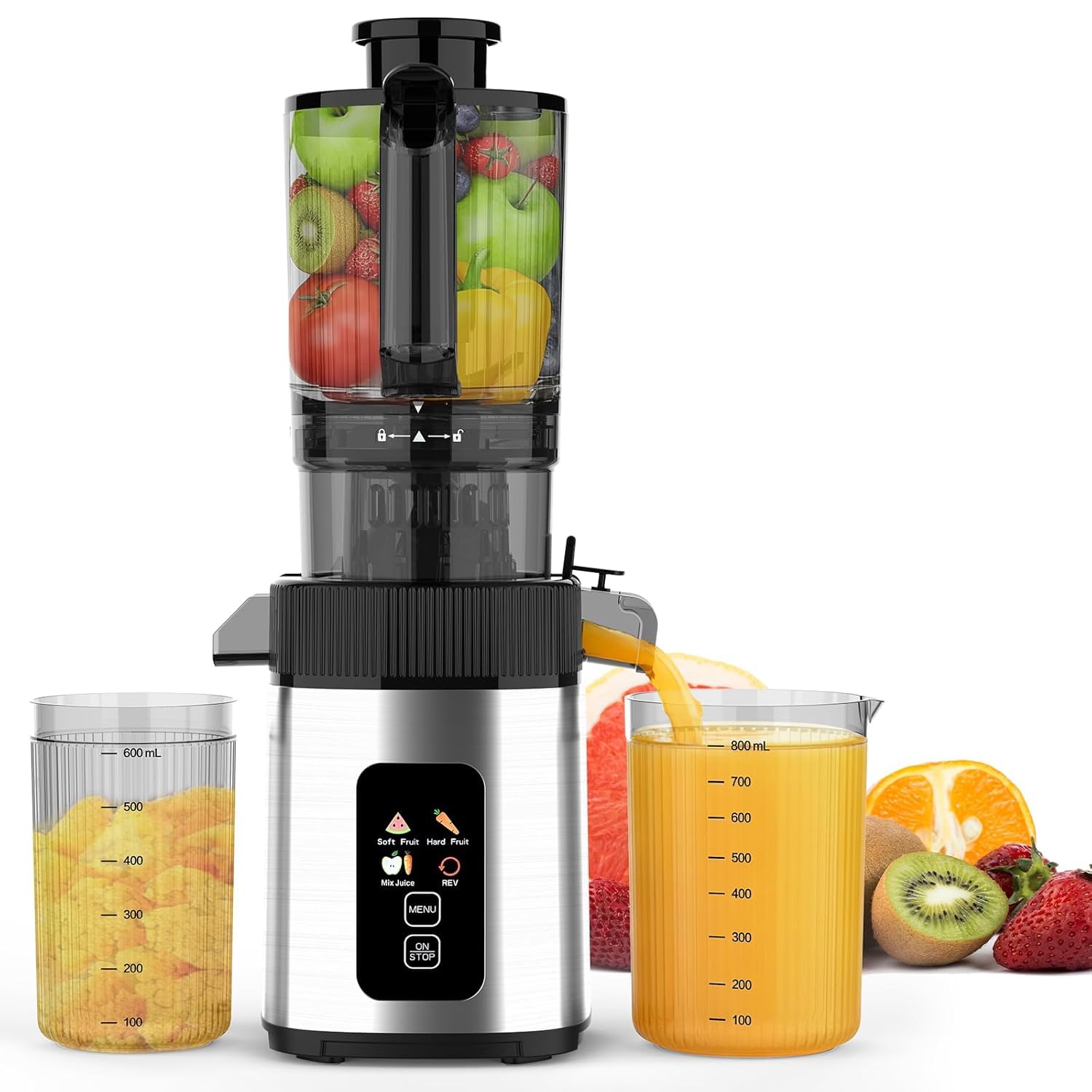 Slow Juicer Machine with 300W Pure Copper Motor 4 35-Inch Wide Chute Reverse Function Stainless Steel Juicer for