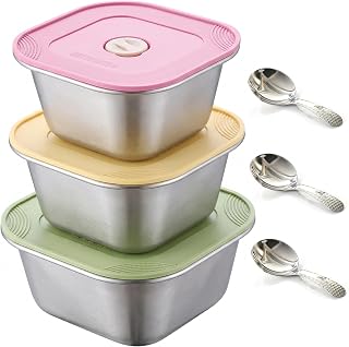 Rostfritt stål behållare med lock, 3-pack matförvaringsbehållare i rostfritt stål, 3,7 dl glasskoppar med silikonlock, behållare för glass