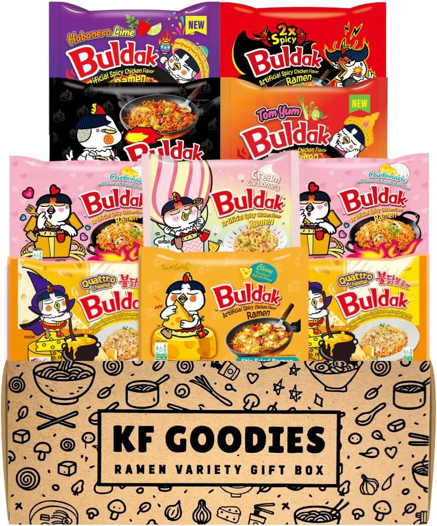 Korean Ramen Variety Pack Gift Box (10 Count) – Spicy Buldak Noodle Assortment for Birthdays, College Care Packages, Office Snacks, and Gift Baskets