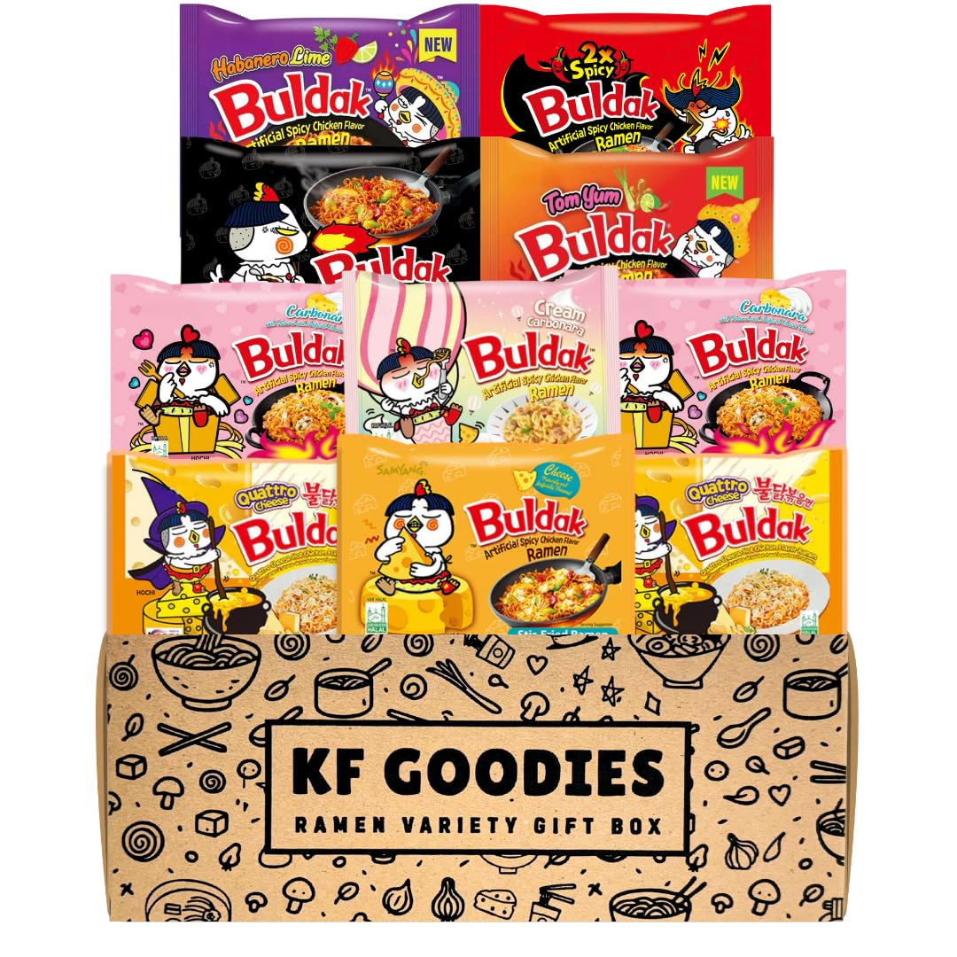 Korean Ramen Variety Pack Gift Box (10 Count) – Spicy Buldak Noodle Assortment for Birthdays, College Care Packages, Office Snacks, and Gift Baskets