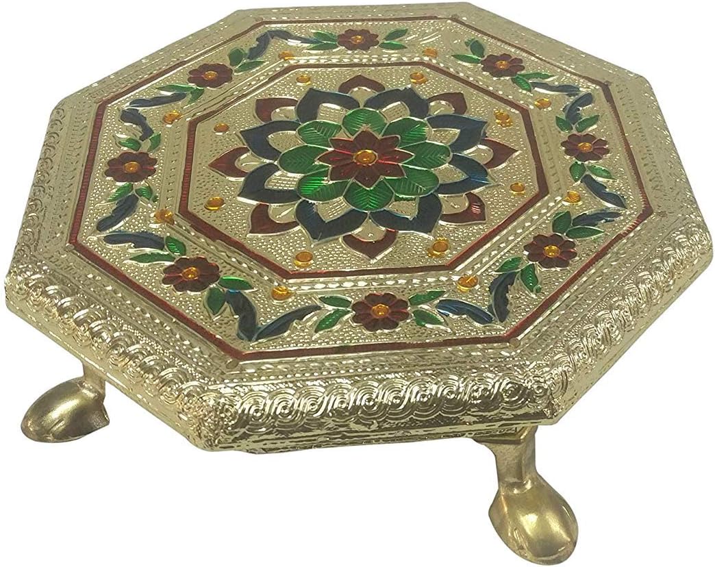 Wooden Meenakari Puja Chowki Pata 7" Pooja Chowki Wooden for Idol