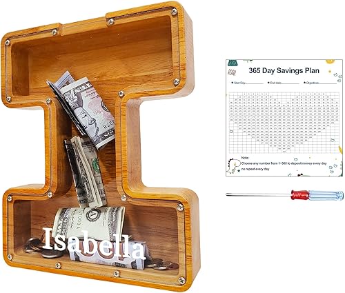 Miniatura 105 de Alcancía para niños y niñas, alcancía grande de madera personalizada con diseño recortado, bancos de monedas con letras del alfabeto, caja de ahorro