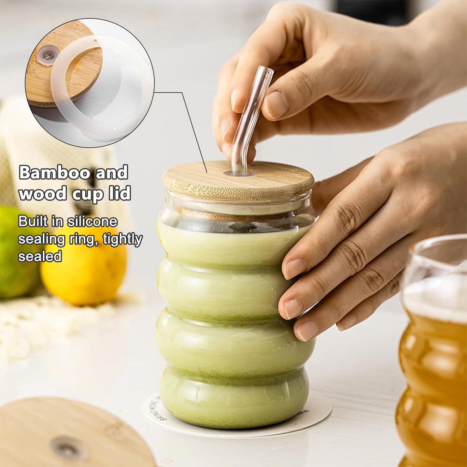 Aicharynic Set di 2 bicchieri a coste, da 530 ml, con cannucce di vetro, per latte macchiato, bicchieri da cocktail con spazzole utilizzate per