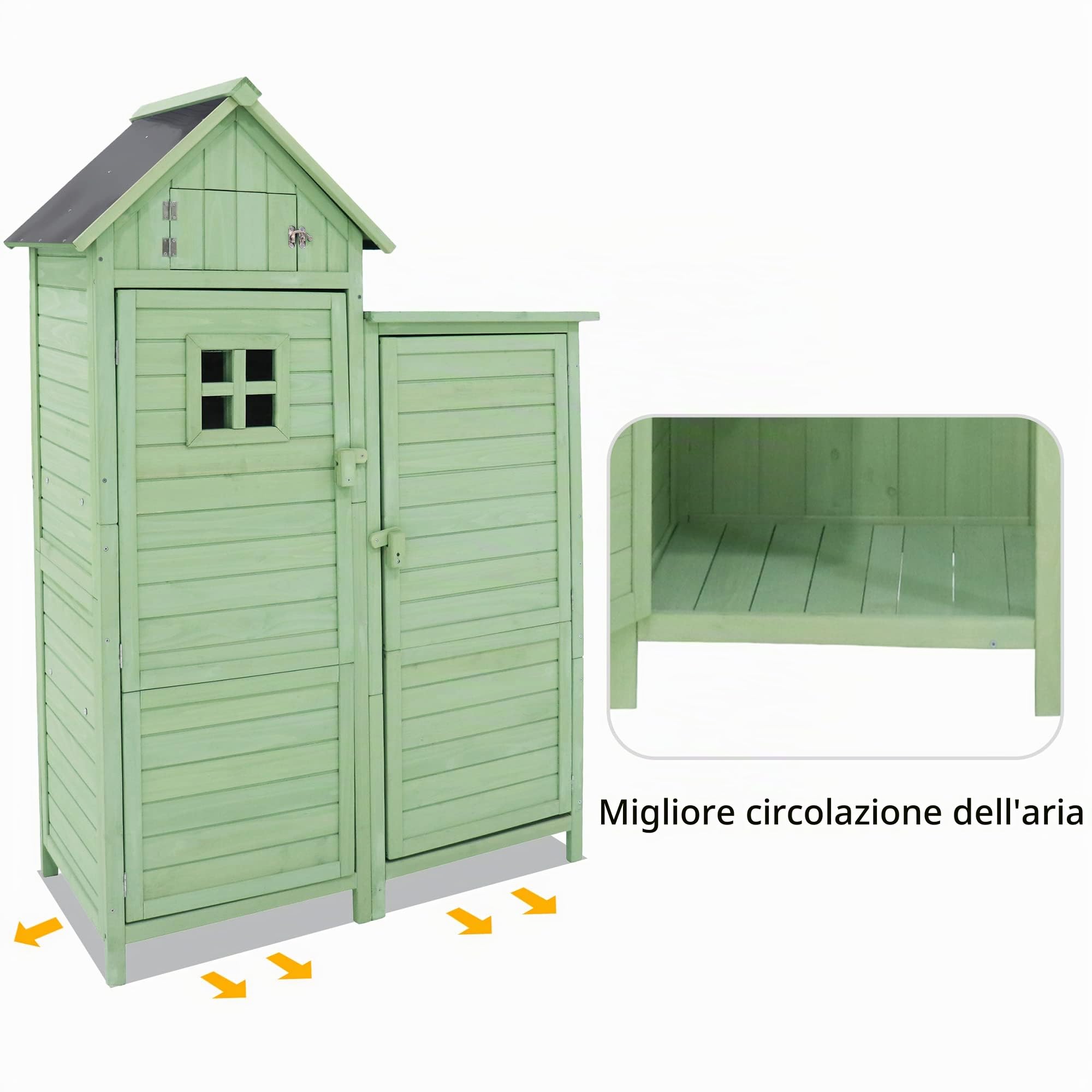Casetta per attrezzi da giardino, resistente alle intemperie, in legno, per esterni, in PVC, 118 x 54 x 173 cm (larghezza x profondità x altezza), verde
