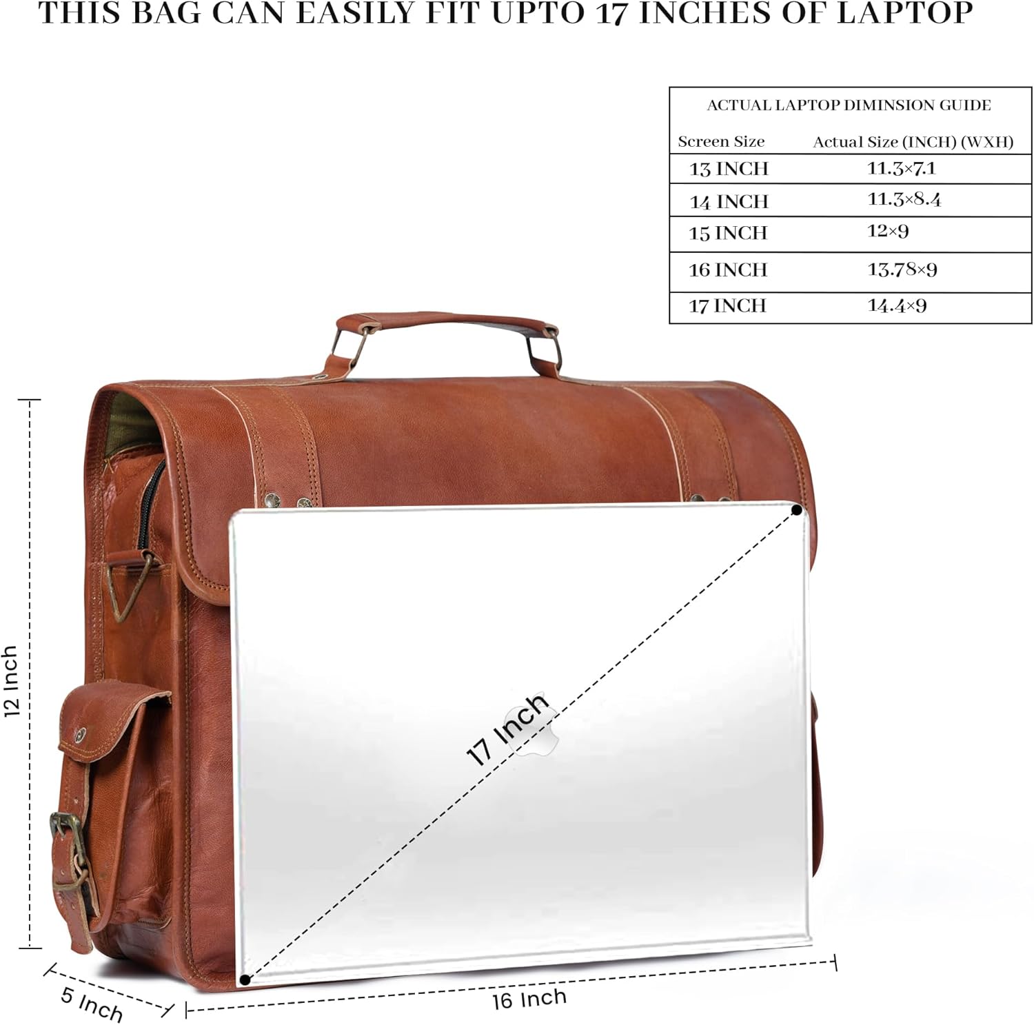 Leather Laptop Messenger Bag, Brown, Unisex-Adults, Messenger, Laptop Bag, 17 inch