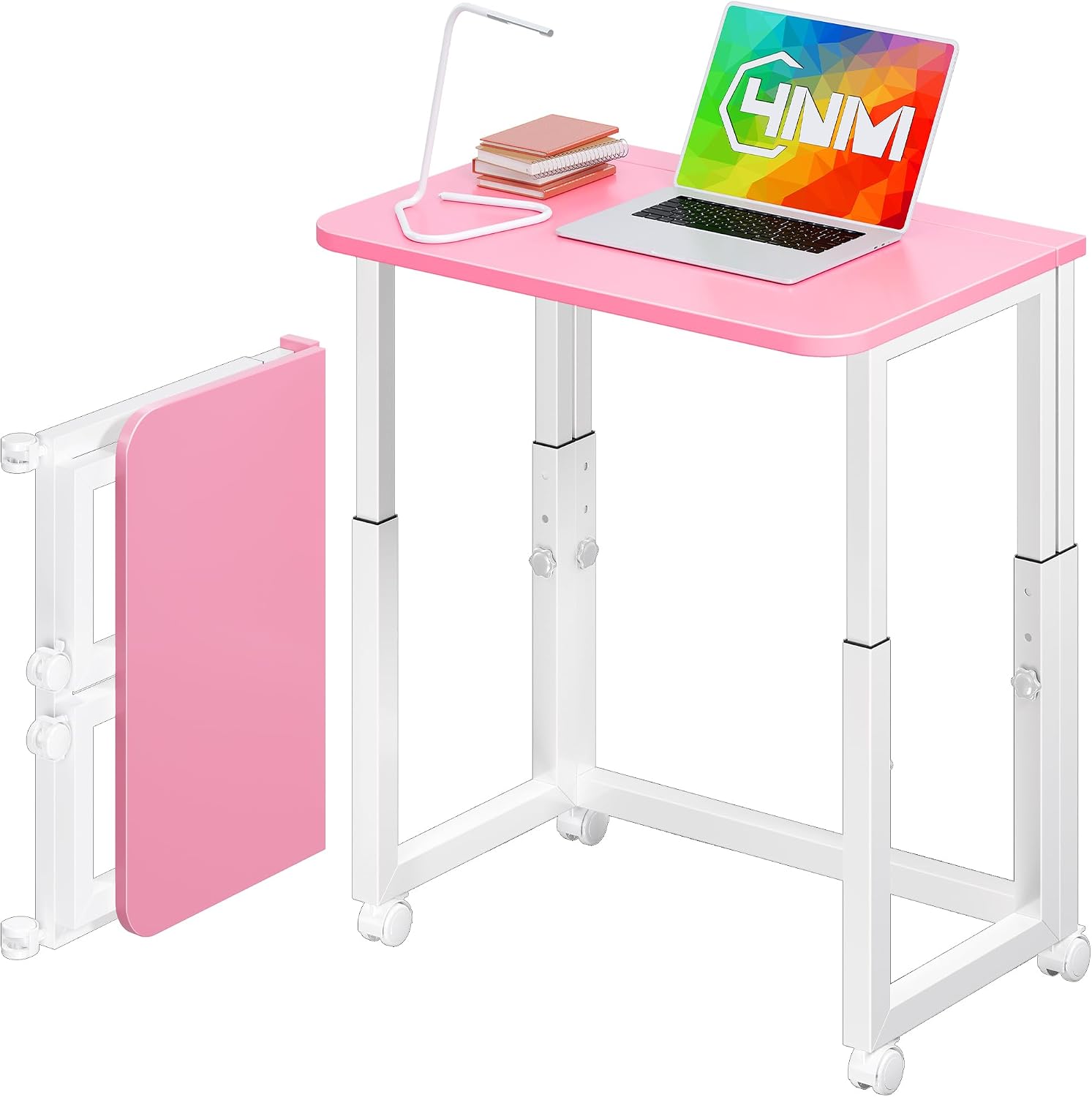 4NM No Tool Assembly 23.6″ Small Desk, Folding Portable Desk with Wheels, Adjustable Height Foldable Computer Home Office Desks, Collapsible Study Writing Table for Space Saving Bedroom – Pink White