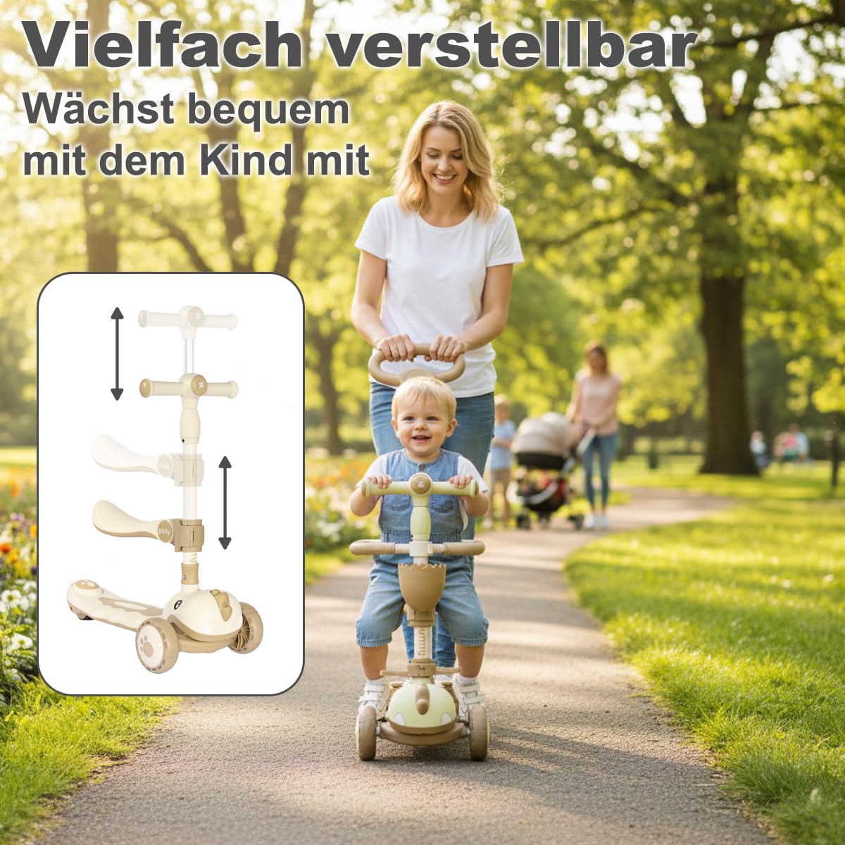 Twinly Dinly Kinderroller 3 in 1 mit Sitz, Helm & LED-Rädern, Weiß | Klappbar, Elternlenkstange, Bis 30 kg