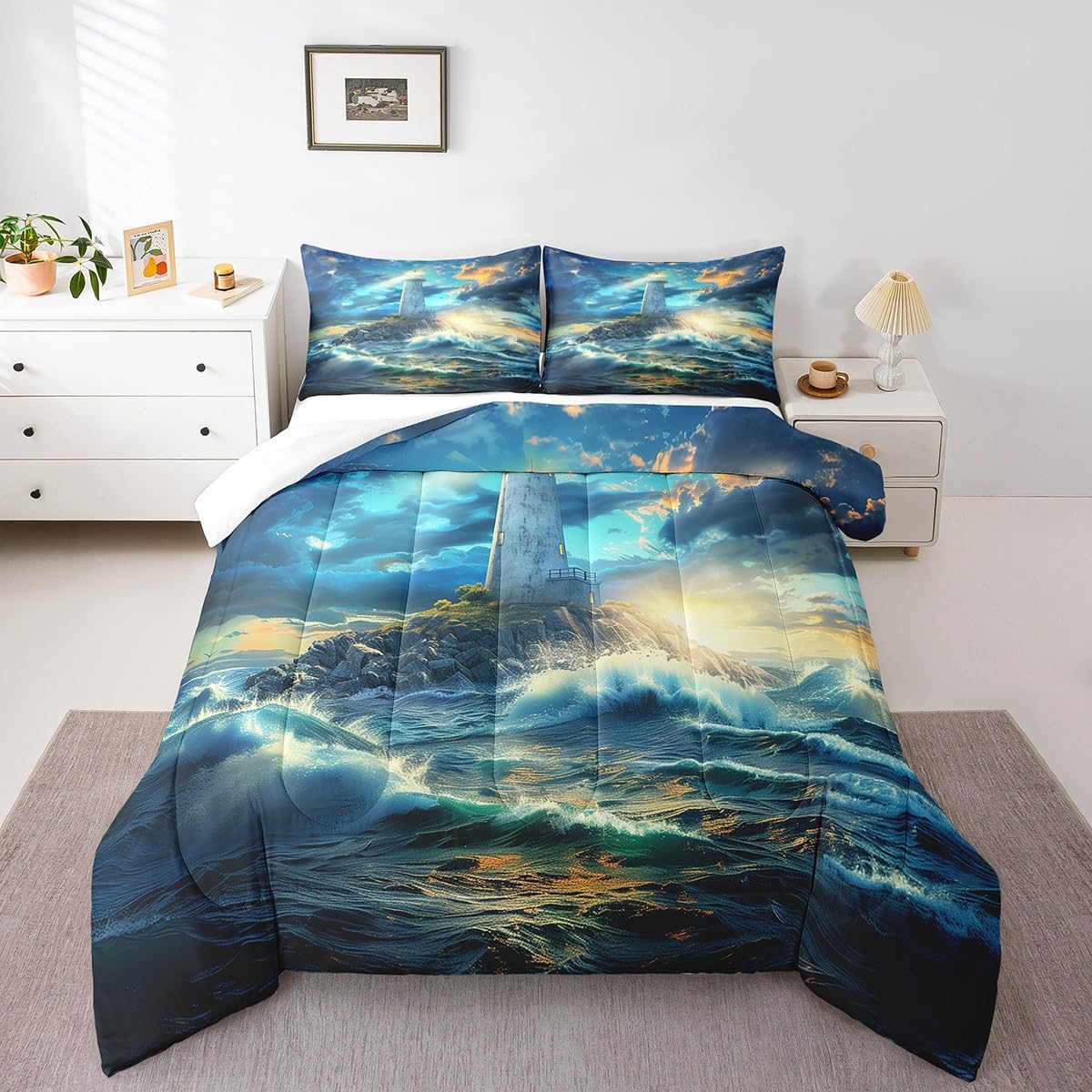 Couette phare océan et parure de lit décoration chambre vagues nautiques grand lit