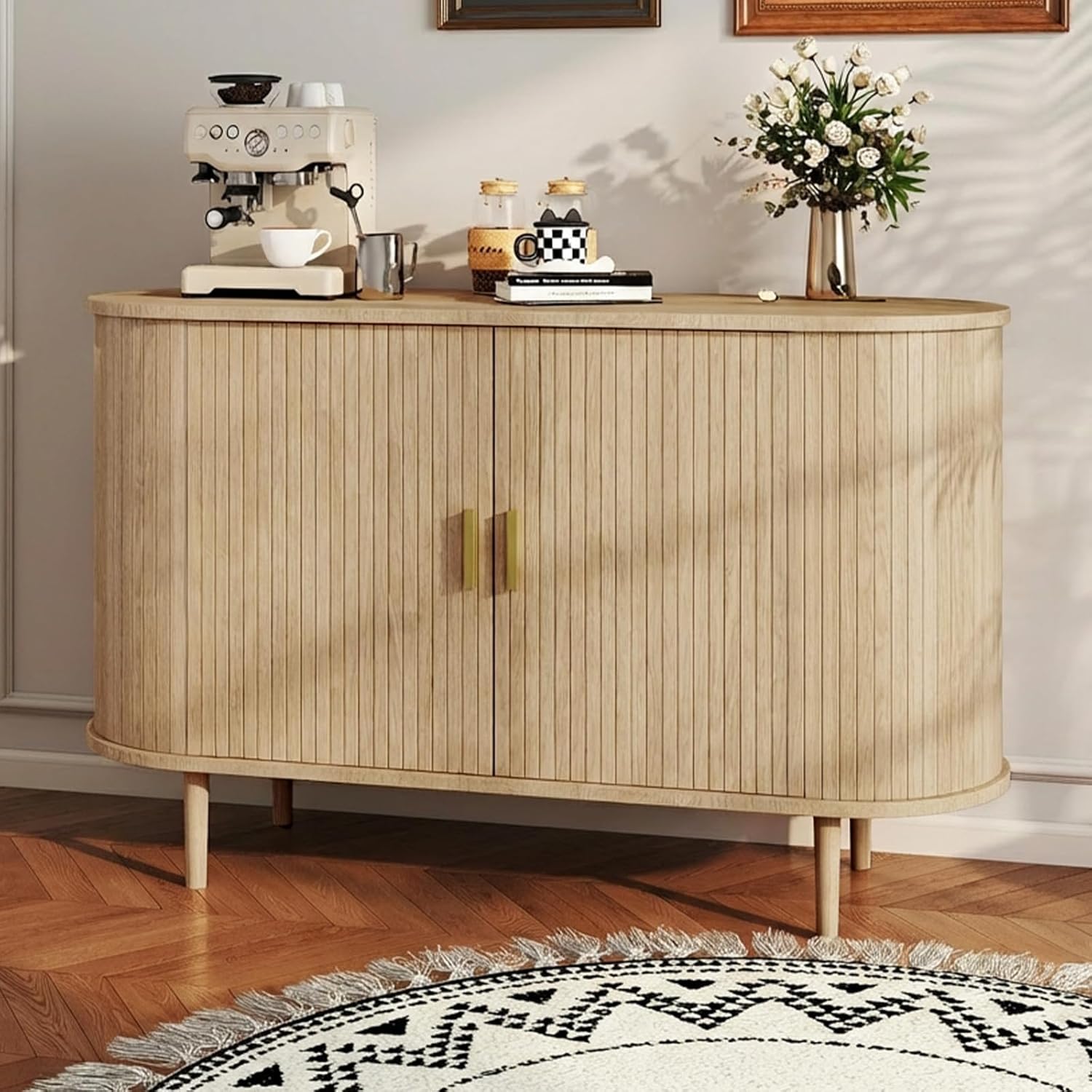 47" Sideboard Buffet Cabinet,Mid-Century Wooden Fluted Storage Cabinet with Sliding Door,Modern Coffee Bar Cabinet & Media Console Table for Dining Room,Kitchen,Entryway, Walnut