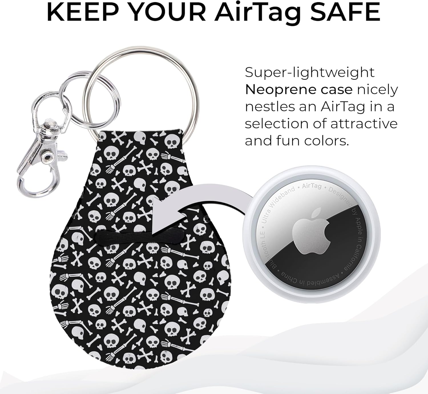 Jolitee Neoprene AirTag Compatible Case Keychain – Durable & Stylish Holder with Secure Ring and Clip, Compatible with Apple AirTag (Skull Pattern)
