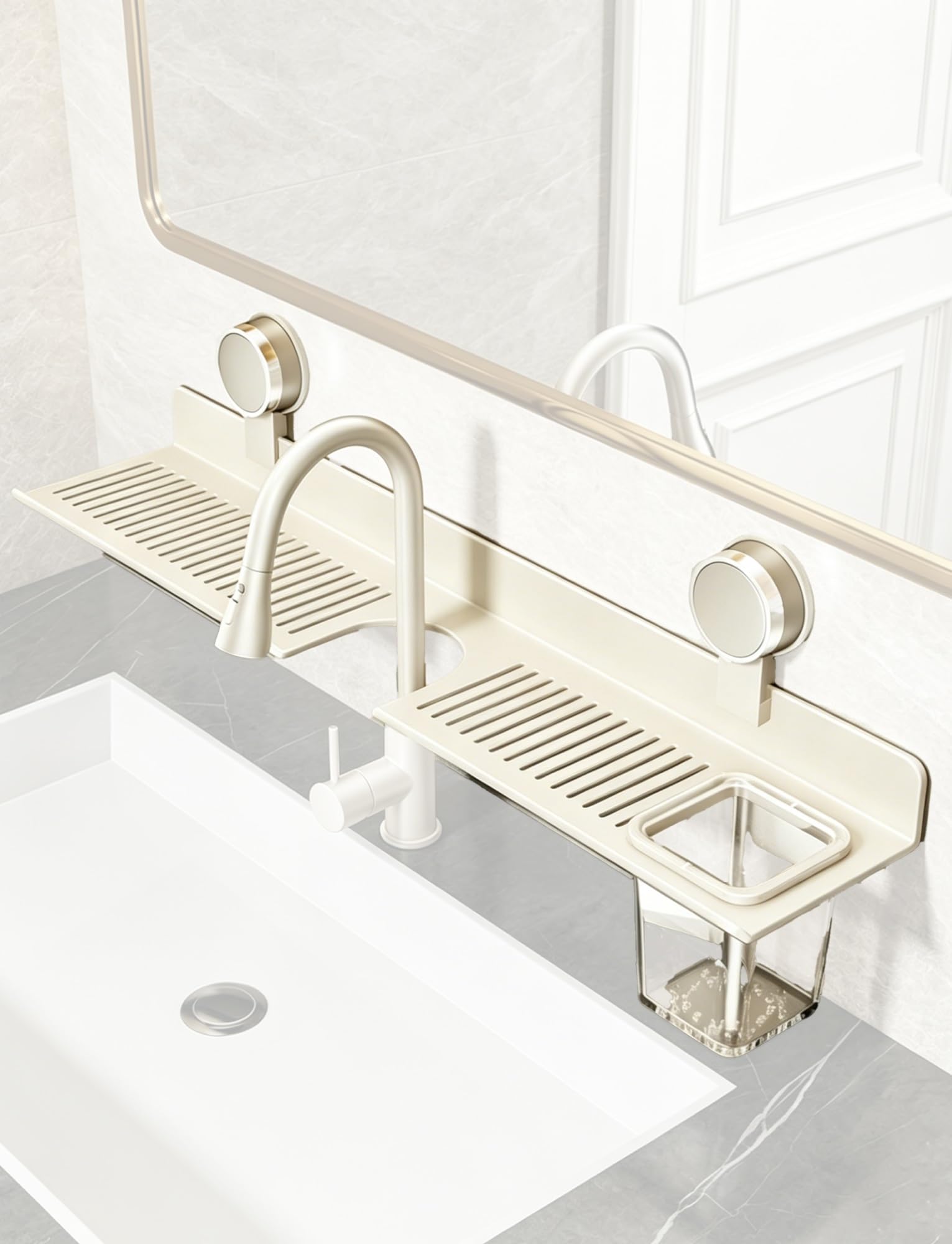 SVFOEBJM Suction Cup Bathroom Storage Holder Drill-Free Bathroom Faucet Wall-Mounted Sink and Shower Storage Rack with Storage Bucket(Natural,80cm/31in)