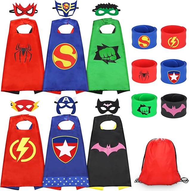 Jojoin 6/8PCS Superhero Capes for Kids, 6/8 Superheroes Wristbands Slap Bands, 6/8 Hero Masks and 1 Storage Bag, Role Play Costume Dress up Toys Gift Kids for Halloween Birthday Party Christmas