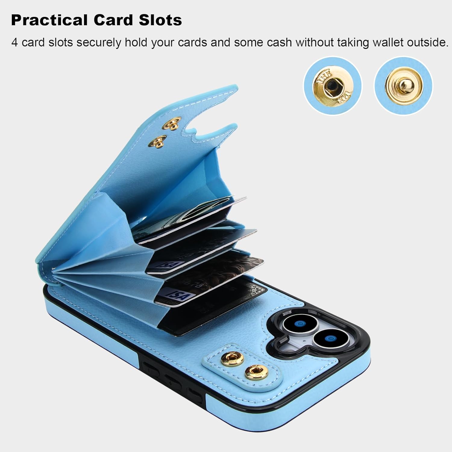 Folosu Compatible with iPhone 17 Case Wallet with Card Holder, 360°Rotation Finger Ring Holder Kickstand, RFID Blocking Leather Protective Double Buttons Shockproof Cover 6.3 Inch Blue