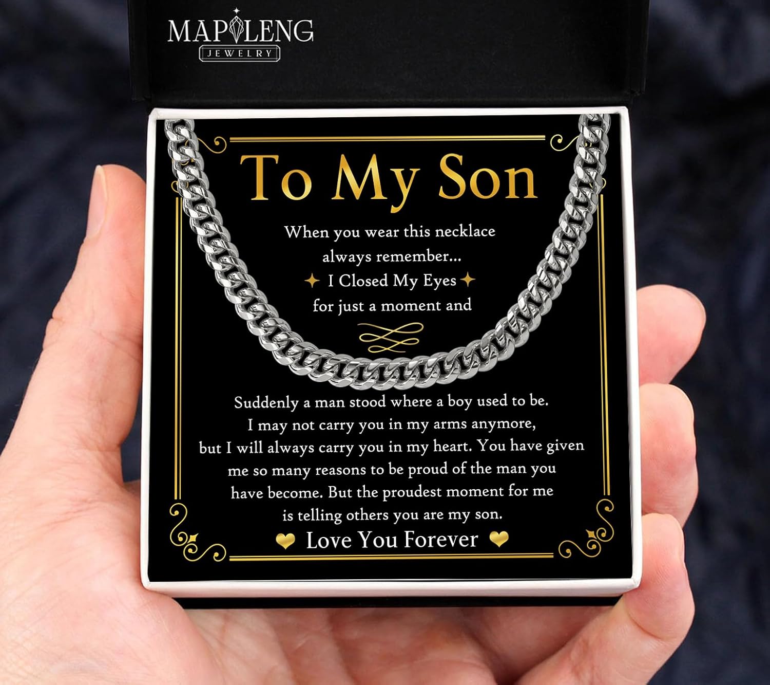 To My Son Cuban Link Chain Necklace from Mom and Dad, Meaningful Gift of Love and Strength with Message Card and Gift Box, Unique Jewelry for Boy on Birthday, Graduation, or Christmas