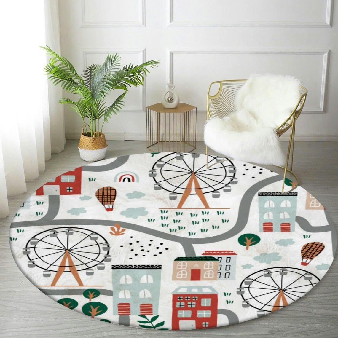 Round Rugs 6ft Circle Area Rugs Abstract City Life Houses Ferris Wheel Trees Cars