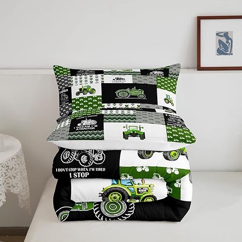 Miniatura 5 de Feelyou Juego de edredón de tractor de dibujos animados para niños y niñas, juego de ropa de cama de camión y excavadora, color verde, 1 juego de