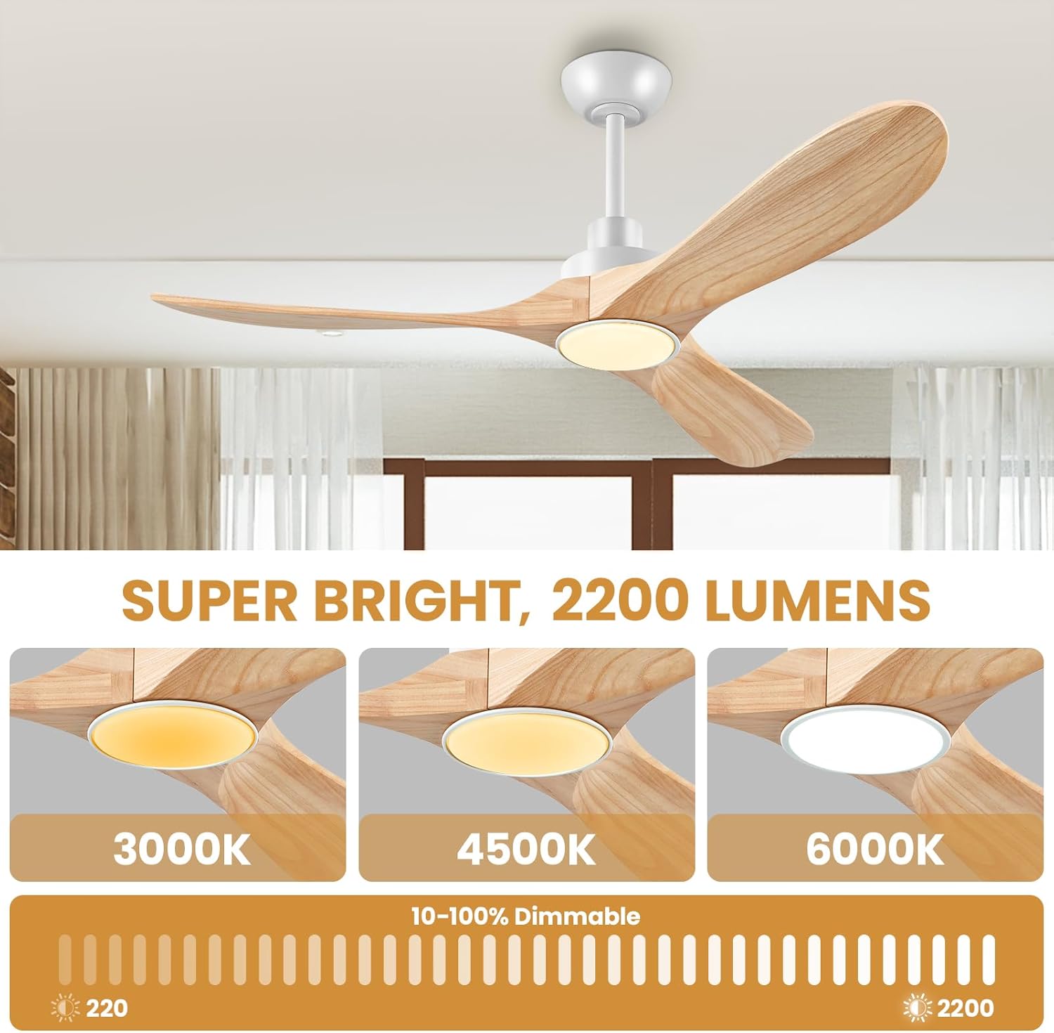 Ceiling Fans with Lights 42 inch Low Profile Wood Ceiling Fan with Light and Remote,Reversible Rotation, Noiseless, 6 Speeds, 3CCT Dimmable, Timed Switch Control for Bedroom Living Room Patio