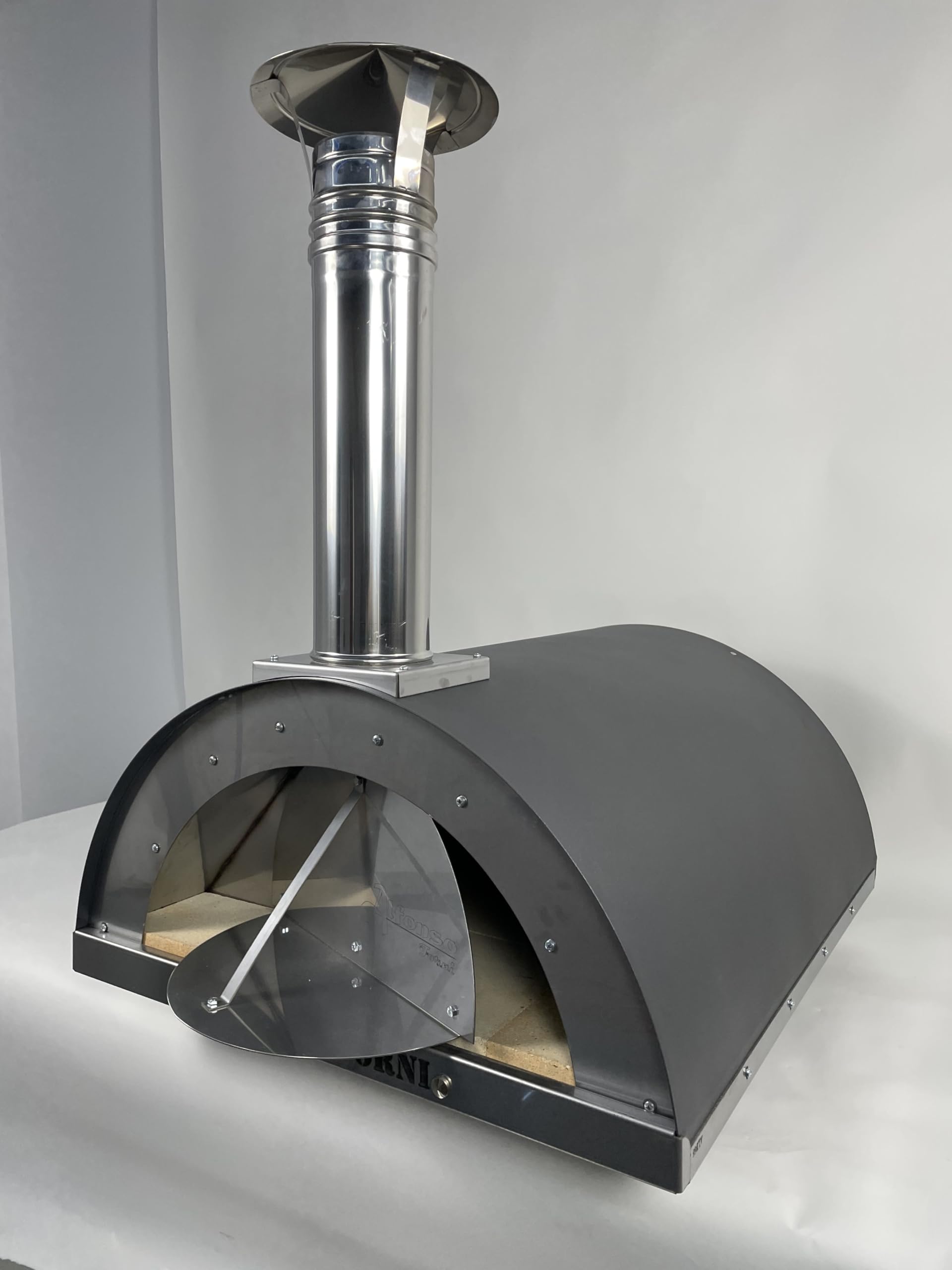Forno Per Pizza A Legna Da Esterno - Cottura Diretta Acciaio vernciato, Con Mattoni Refrattari Biscotto 3 cm, Alfonso 2 Pizze antracite, Pirometro 500 Gradi E Porta Fuoco - Forno Pizza Da Giardino