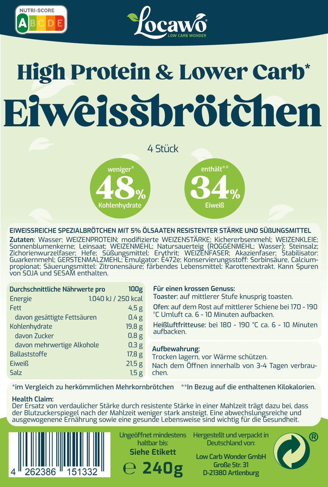 Locawo High Protein & Low Carb Eiweißbrötchen | 21g Protein auf 100g | Voller Weizengeschmack | Vegan | ideal für eine eiweißreiche, kalorien- und zuckerreduzierte Ernährung