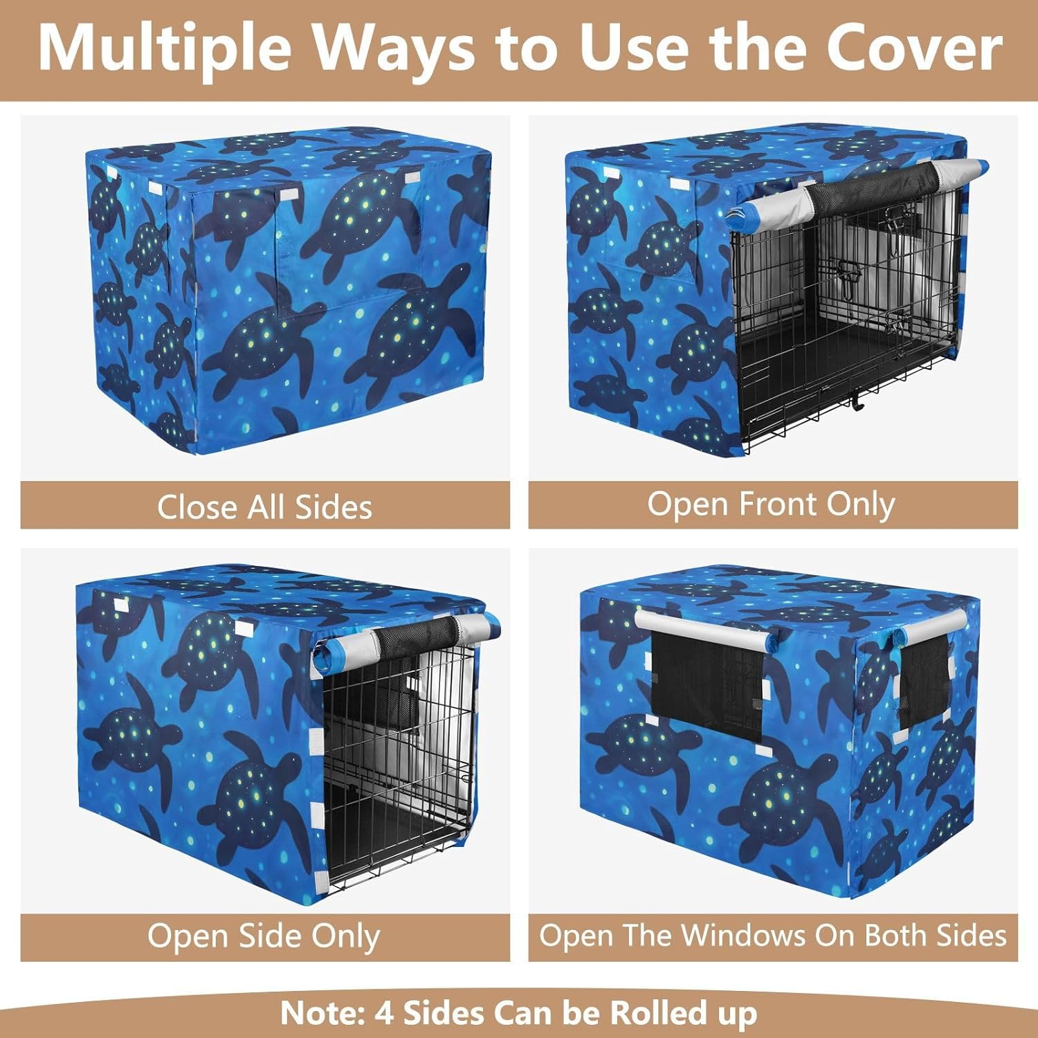 Sea Turtles Spots Blue Pet Kennel Cover with Mesh Windows, UV-Resistant Dog Cage Cover, Large