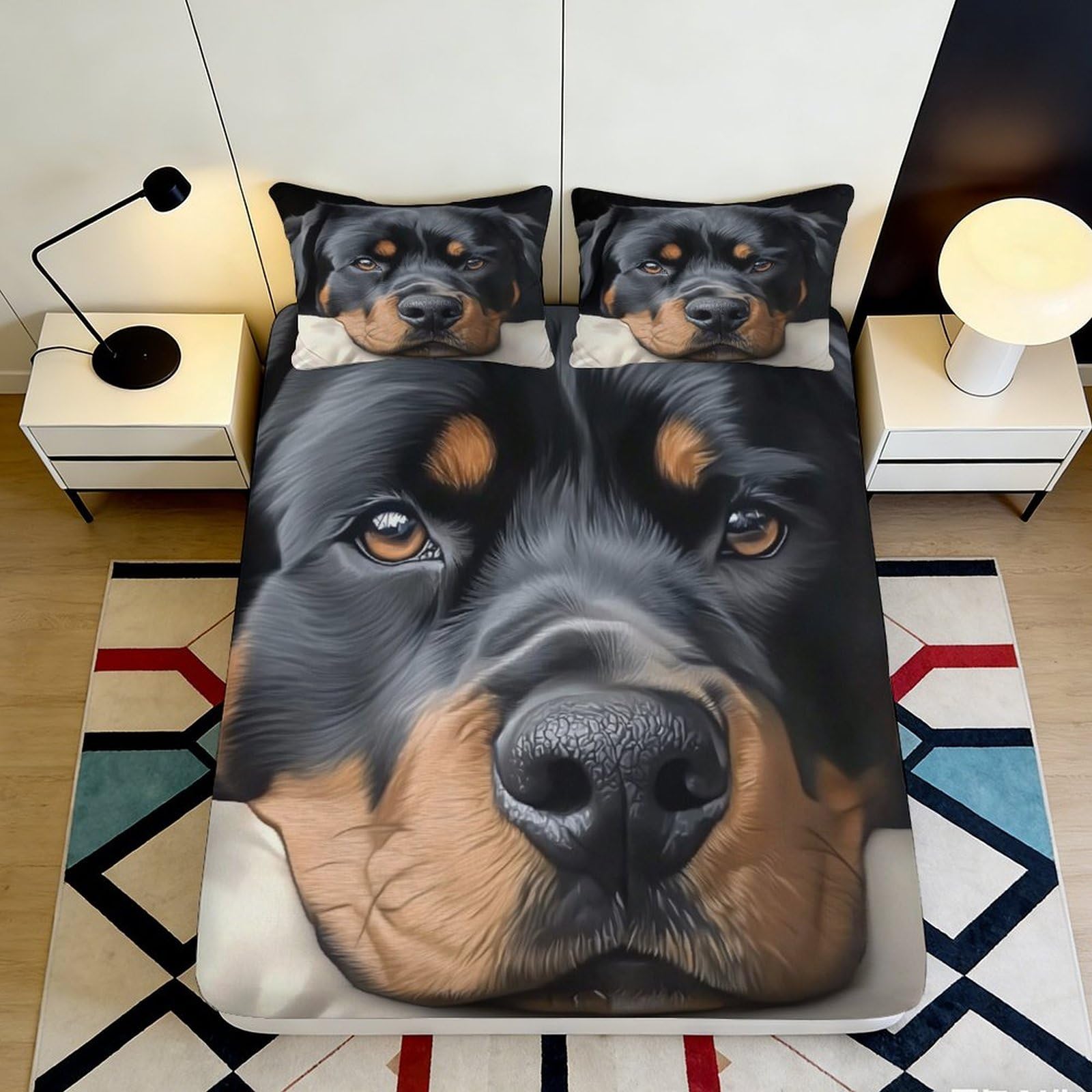 3D Printed Rottweiler Dog Fitted Sheet Microfiber Soft Breathable Canine Face Bed Cover for Bedroom Dormitory Guest Room Mattress Protection Decor 200x200x25cm