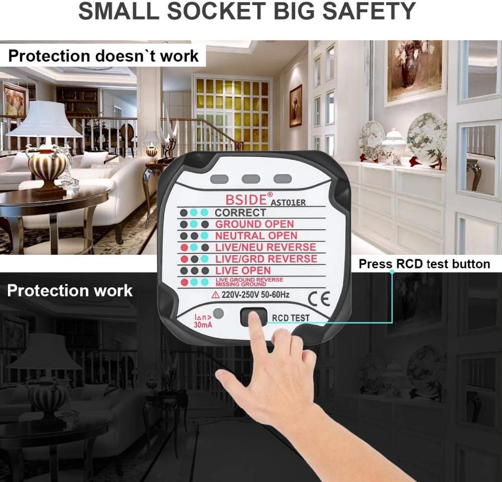 A hand pressing the RCD test button on the AST01ER Socket Tester, demonstrating its use to check RCD functionality.