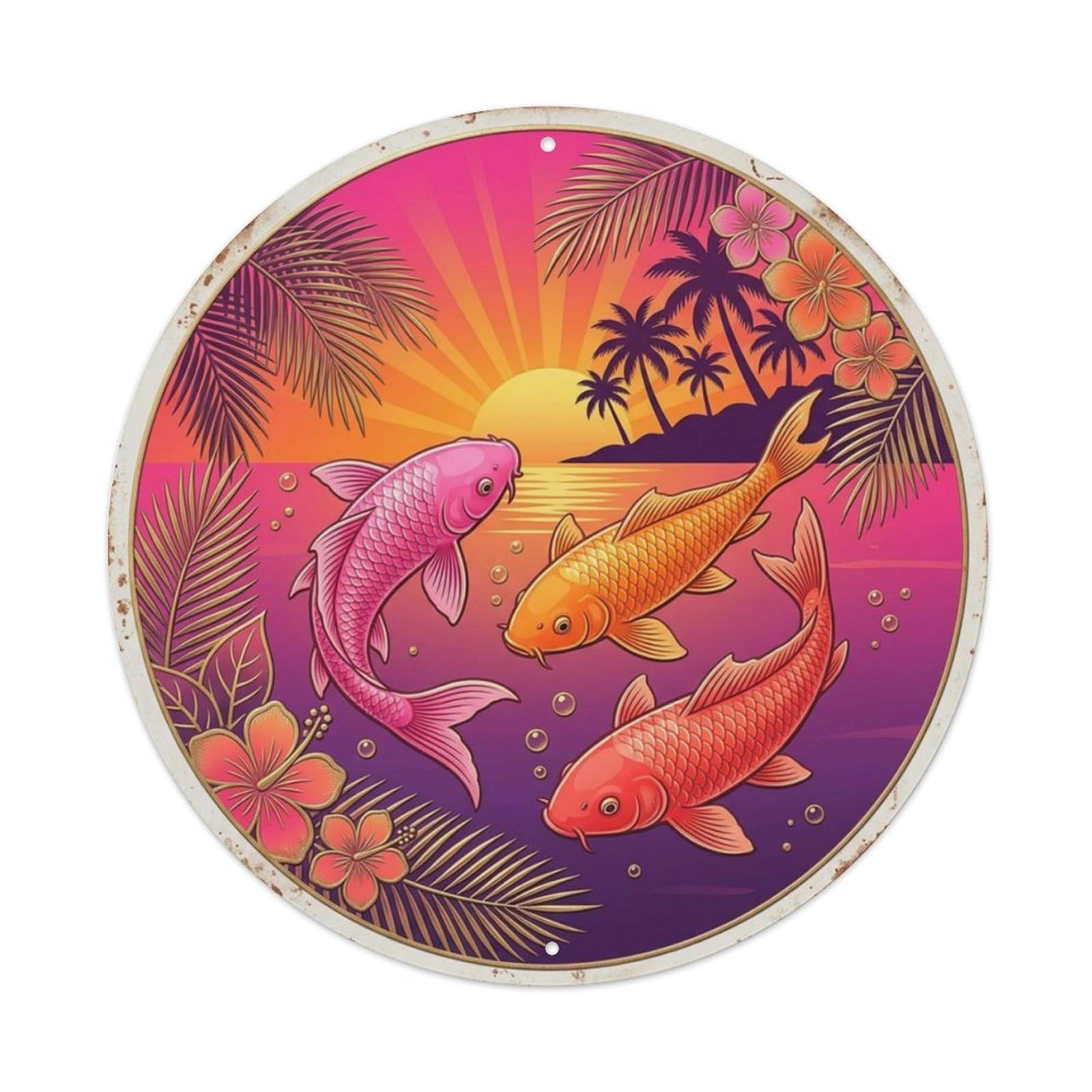 Tropical Sunset Verandakoi Fish Metal Tin Sign Plaque Wall Decor for Cafe, Club Bar, Office, Home Garden Round Metal Poster 8x8Inch