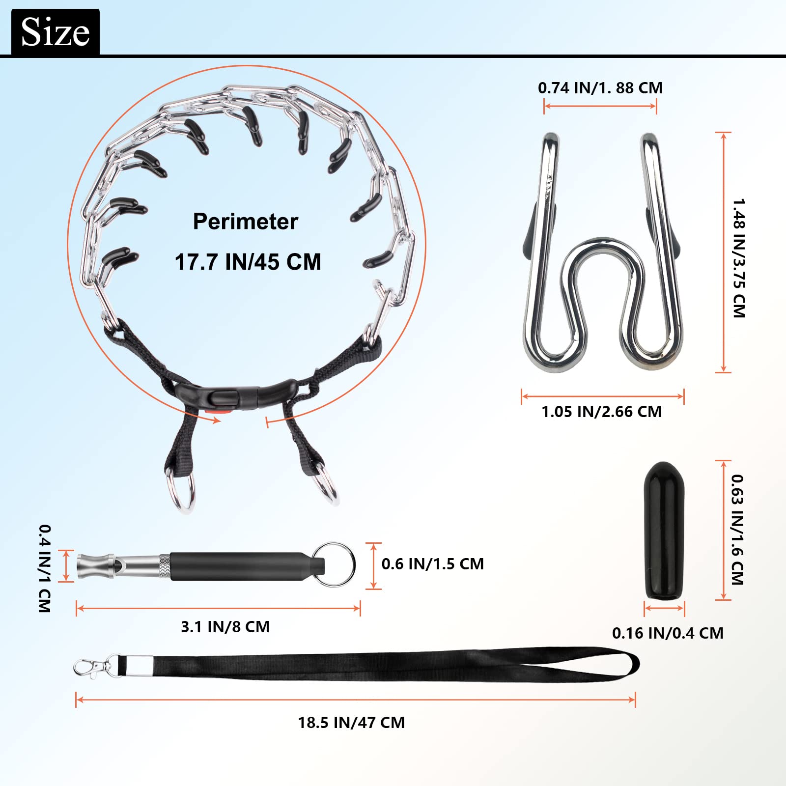 Kletloop Dog Prong Training Collar,Choke Pinch Collar [2 Extra Links][Dog Whistle] with Quick Release Snap Buckle and Rubber Caps, for Small Medium Large Breed-M