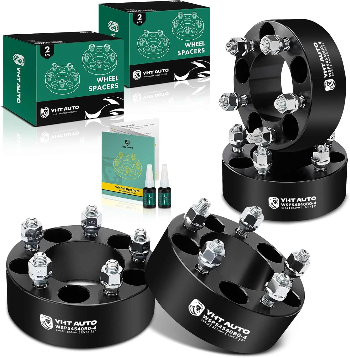 YHTAUTO 5x4.5 Wheel Spacers 2 Inch Fits for Ford, Toyota, KIA, Chevy, Jeep MK, Chrysler, Acura & Mazda Models 5x114.3mm Tire Spacers w/ 12x1.5 Studs 82.5 mm Hub Bore 5 Lug 4Pcs Black Wheel Adapter