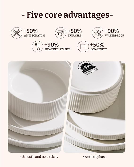 Richmount Star Dinner Set for 4, 12-Piece Modern Porcelain Plates and Bowls Set with Rust-Red Trim, Chip Resistant Dinnerware, Microwave & Dishwasher Safe, Ceramic Dish Set Service for 4, White